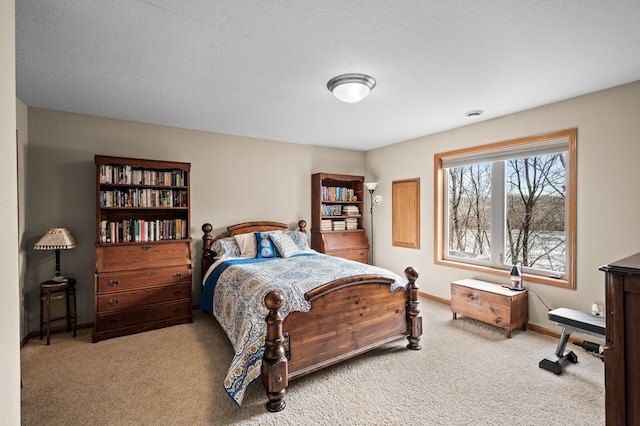 bedroom with light colored carpet, a textured ceiling, and baseboards