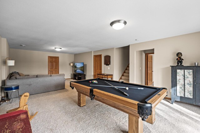 rec room with carpet floors and billiards