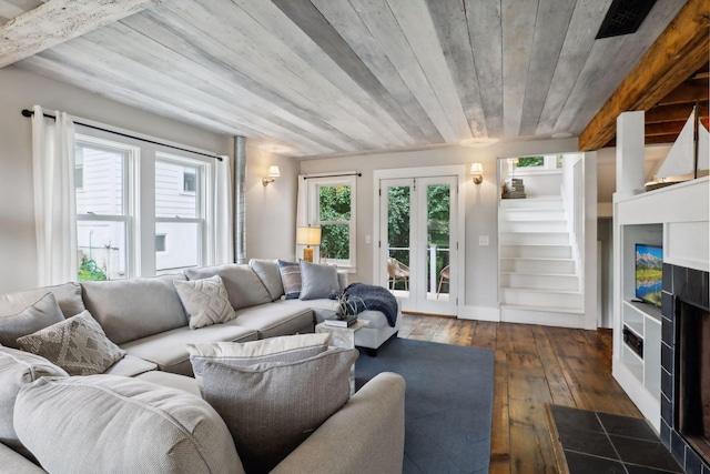 living room with dark hardwood / wood-style flooring and wooden ceiling