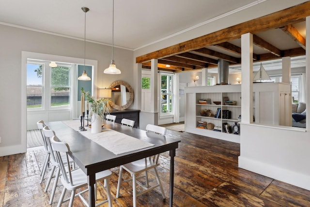 dining area featuring beamed ceiling, ornamental molding, and dark hardwood / wood-style flooring