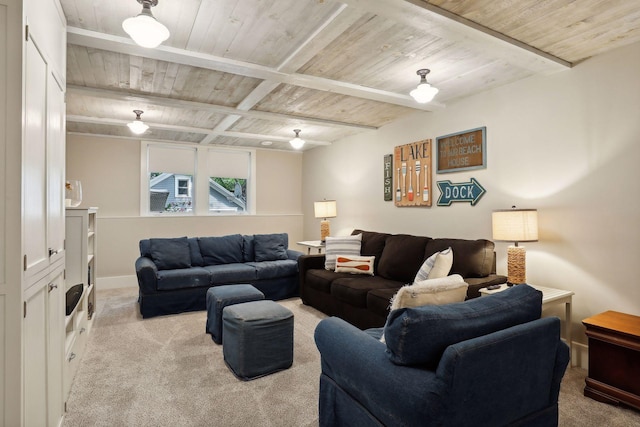 living room featuring beam ceiling, wood ceiling, and light colored carpet