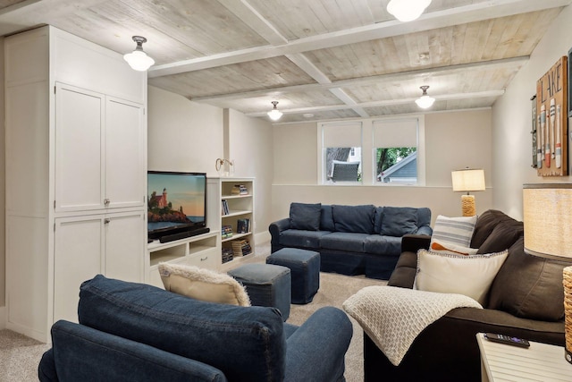 living room with light carpet and wood ceiling