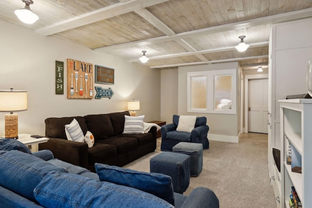 carpeted living room with beam ceiling and wooden ceiling