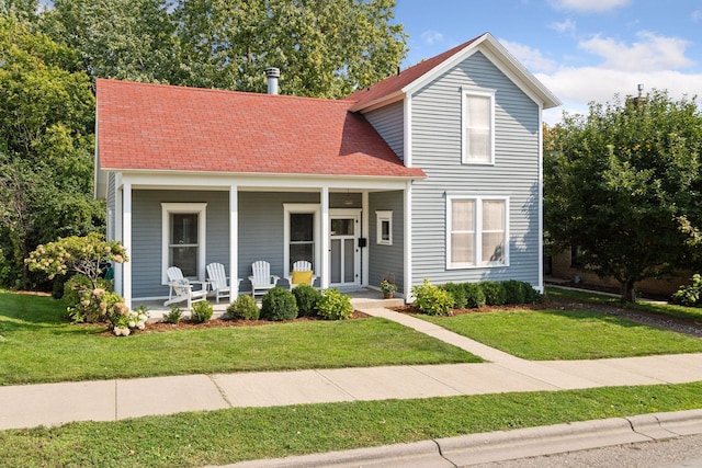 front facade with covered porch and a front lawn