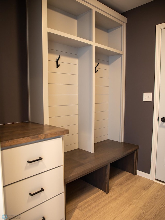 mudroom with light hardwood / wood-style flooring