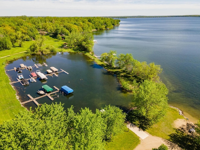 birds eye view of property featuring a water view and a view of trees