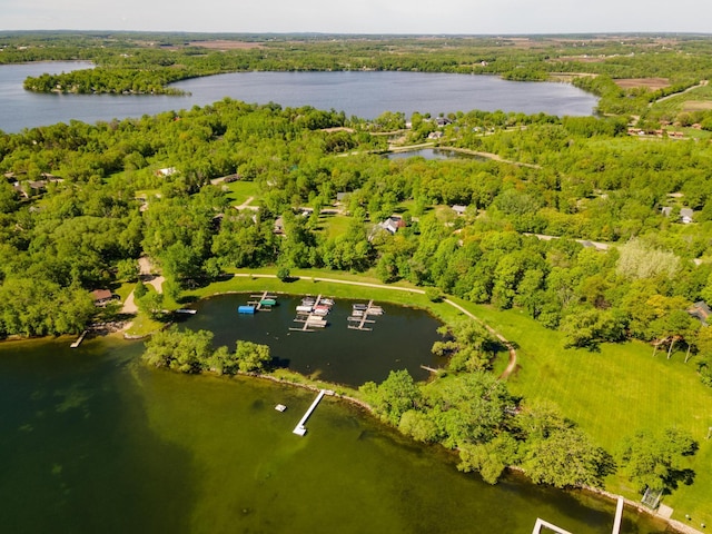 bird's eye view featuring a water view and a wooded view