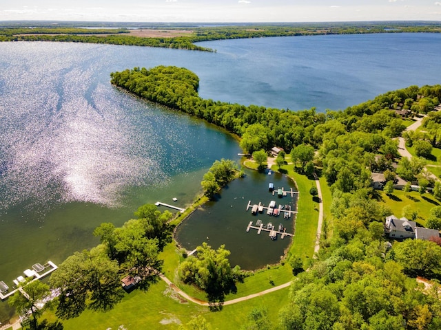 bird's eye view with a water view