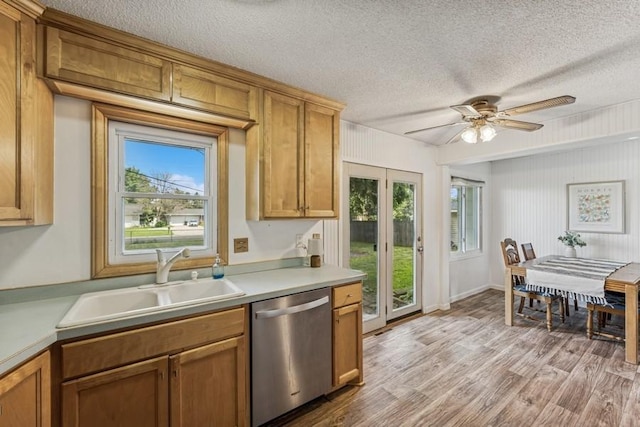 4345 Upper 145th St W, Rosemount, MN 55068 - kitchen featuring stainless steel dishwasher, a textured ceiling, ceiling fan, healthy amount of natural light, and light wood finished floors