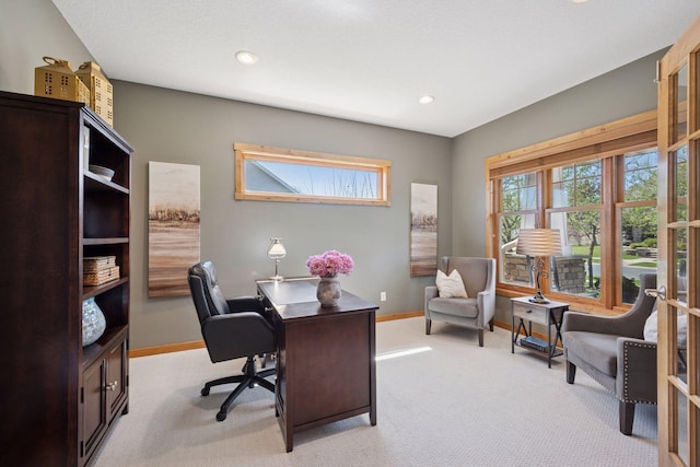 home office with recessed lighting, baseboards, and light carpet