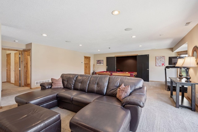 living area featuring billiards, light carpet, recessed lighting, and visible vents