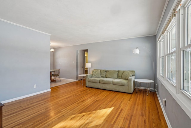 unfurnished living room featuring ornamental molding and light wood-type flooring