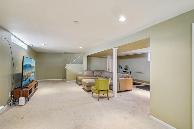 living room with light colored carpet