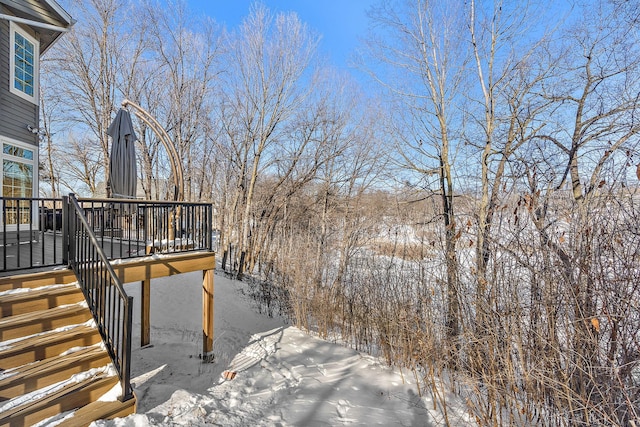 yard covered in snow with stairs and a wooden deck