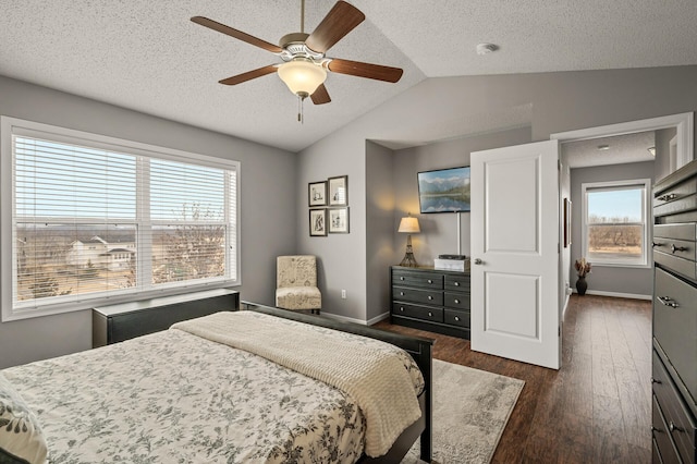 bedroom featuring lofted ceiling, baseboards, dark wood-type flooring, and a textured ceiling