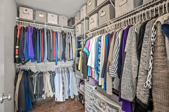 walk in closet with wood finished floors