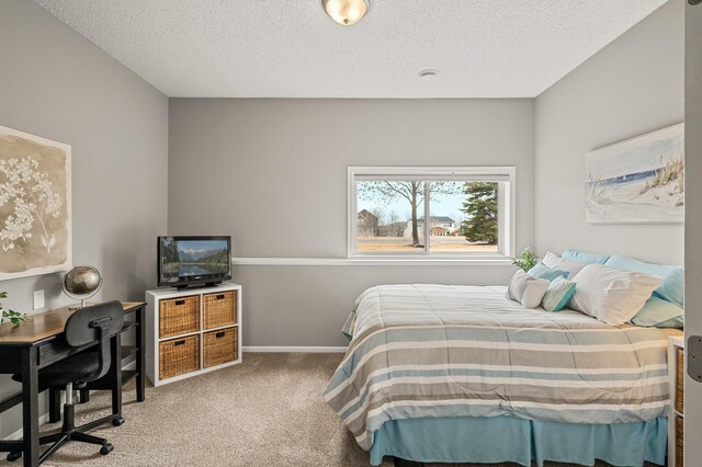 bedroom with carpet flooring, baseboards, and a textured ceiling