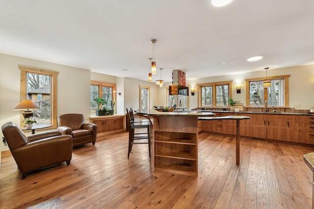 kitchen with open shelves, light wood-type flooring, a sink, and brown cabinets