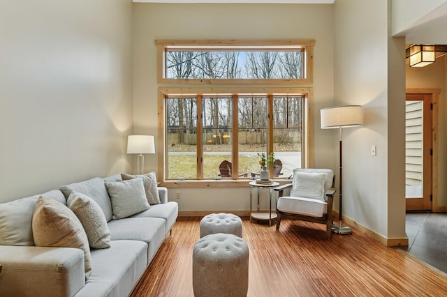 living area featuring wood finished floors, a towering ceiling, and baseboards