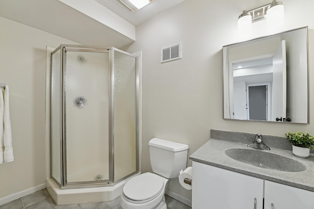 full bath with toilet, a stall shower, visible vents, and vanity