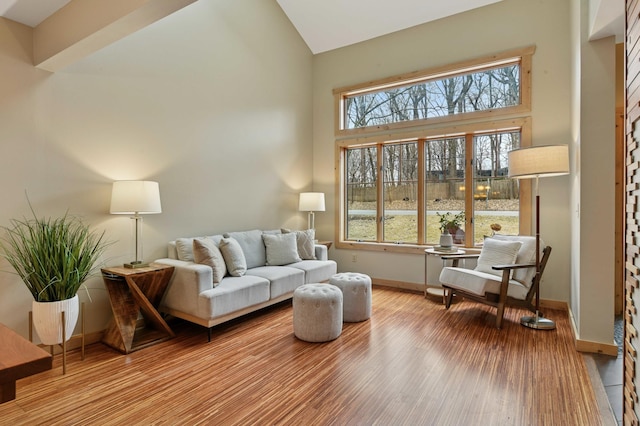 living area with baseboards, wood finished floors, and high vaulted ceiling