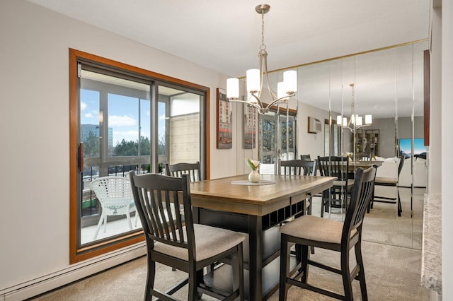 dining area featuring light carpet, a wall unit AC, an inviting chandelier, and a baseboard radiator