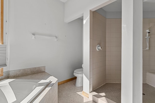 bathroom featuring tile patterned floors, toilet, tiled shower, and a bath