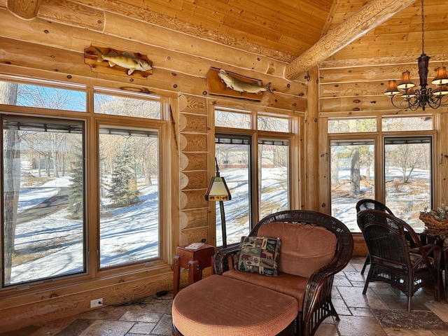 sunroom with wooden ceiling, a notable chandelier, and lofted ceiling