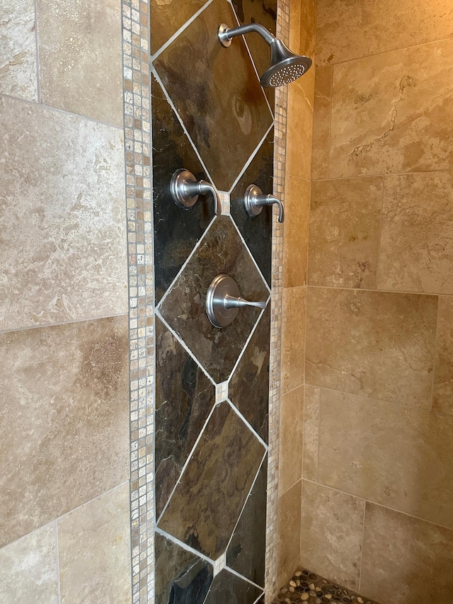 interior details featuring a tile shower