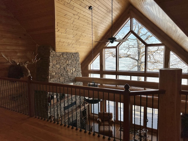 bonus room with high vaulted ceiling, wood ceiling, and wood finished floors