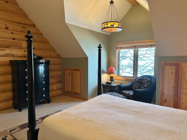 carpeted bedroom featuring lofted ceiling and log walls