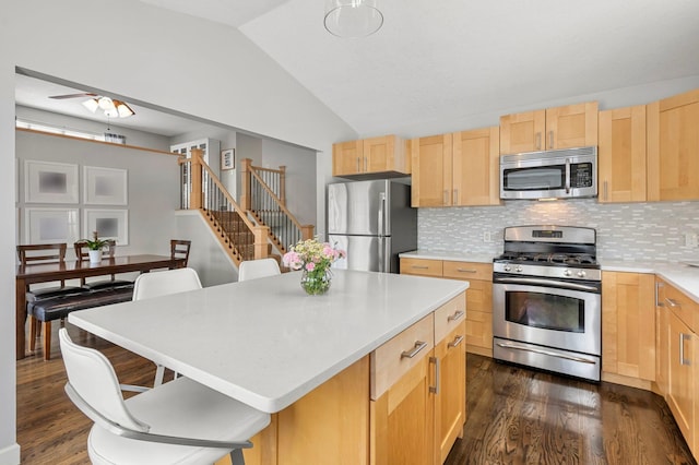 kitchen with dark wood-type flooring, lofted ceiling, a center island, appliances with stainless steel finishes, and backsplash