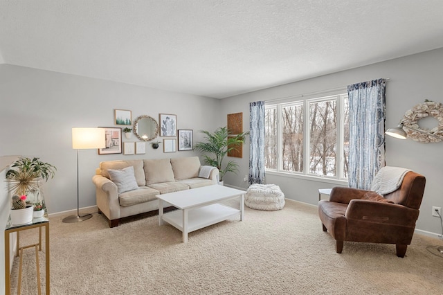 carpeted living room featuring a textured ceiling