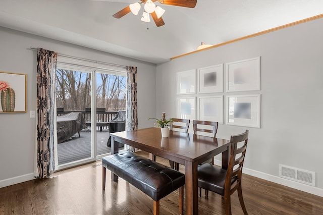 dining room featuring dark hardwood / wood-style floors and ceiling fan