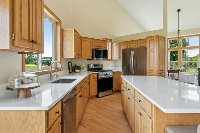 8051 165th St E, Credit River Twp, MN 55372 - kitchen featuring stainless steel appliances, light countertops, light wood-style flooring, a center island, and decorative light fixtures