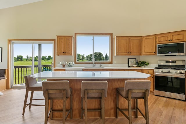 8051 165th St E, Credit River Twp, MN 55372 - kitchen featuring appliances with stainless steel finishes, high vaulted ceiling, light countertops, a kitchen island, and a breakfast bar area