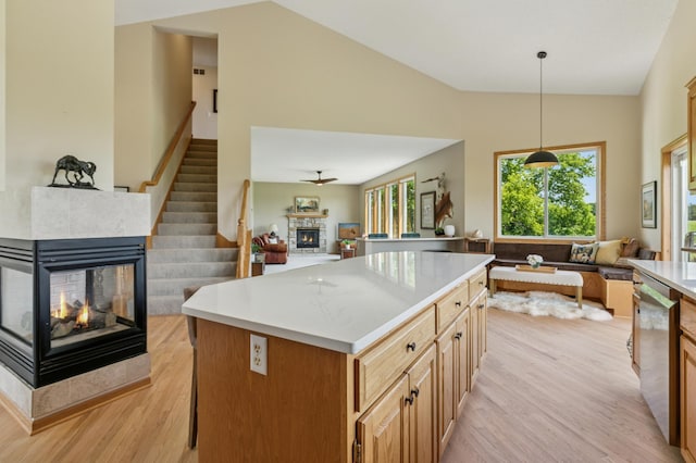 8051 165th St E, Credit River Twp, MN 55372 - kitchen with a multi sided fireplace, open floor plan, light wood-style flooring, and high vaulted ceiling