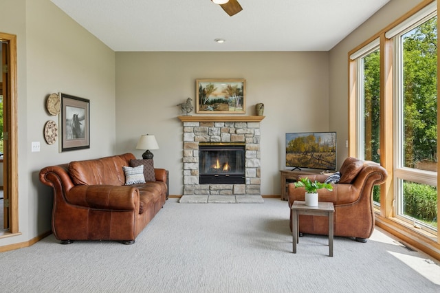 8051 165th St E, Credit River Twp, MN 55372 - carpeted living room featuring a fireplace and a ceiling fan