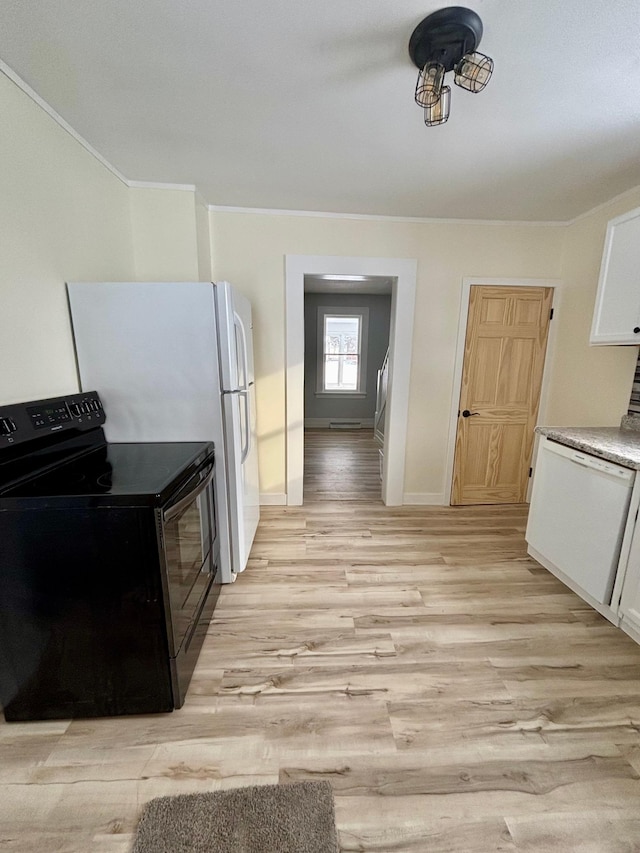 kitchen with white cabinetry, black range with electric cooktop, light hardwood / wood-style floors, and dishwasher