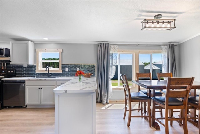 kitchen featuring backsplash, dishwasher, light wood-style flooring, and a sink