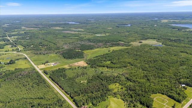 aerial view featuring a view of trees and a water view