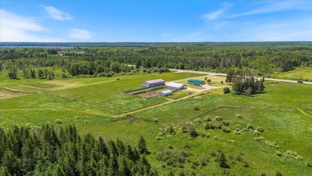 bird's eye view with a rural view and a wooded view