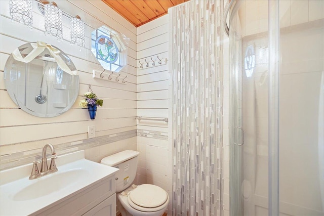 bathroom with wooden walls, vanity, an enclosed shower, toilet, and wooden ceiling