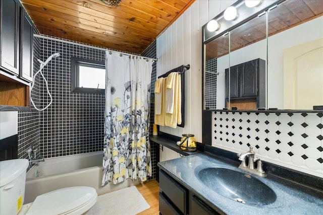 full bathroom featuring toilet, vanity, shower / bath combo, and wooden ceiling