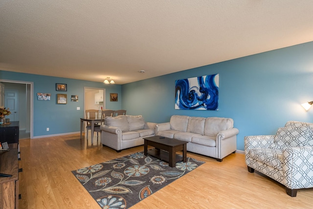 living area featuring baseboards, a textured ceiling, and wood finished floors