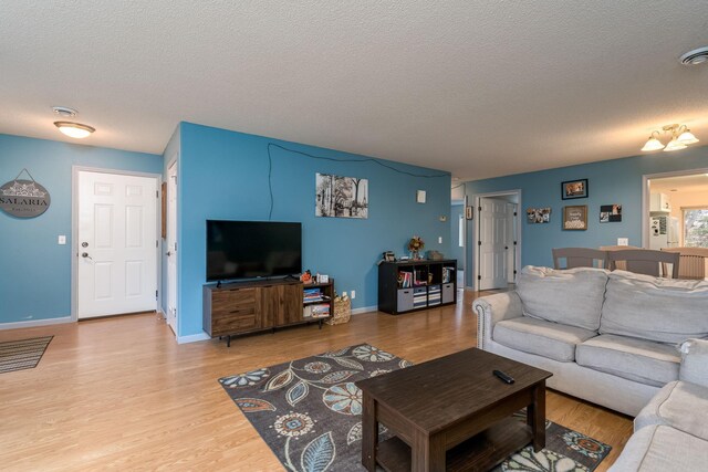 living room with light hardwood / wood-style floors and a textured ceiling