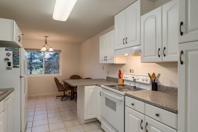 kitchen with under cabinet range hood, white appliances, white cabinetry, and decorative light fixtures