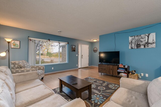 living room with baseboards, a textured ceiling, and wood finished floors