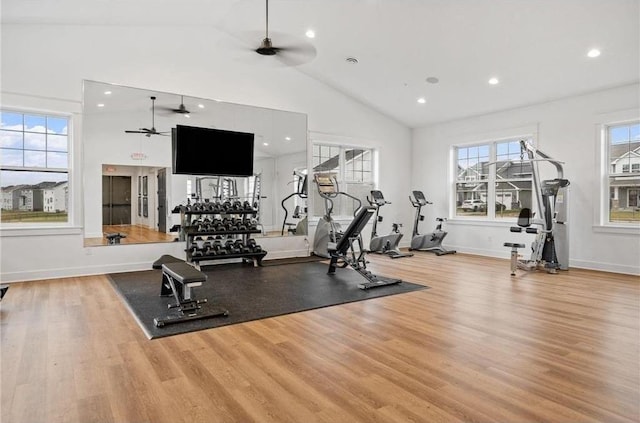 workout room with ceiling fan, high vaulted ceiling, light wood-style flooring, recessed lighting, and baseboards