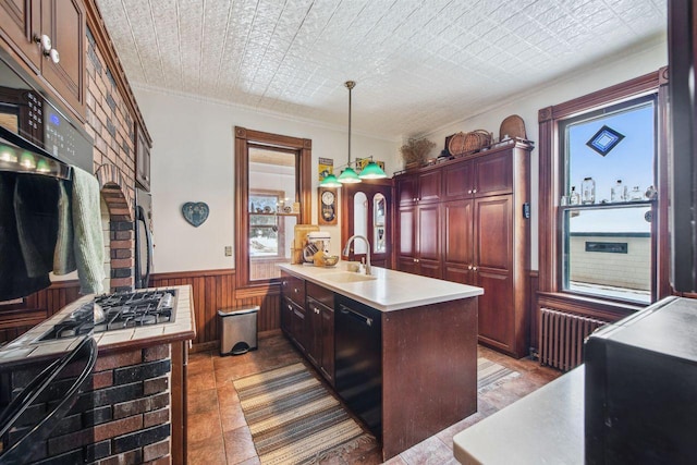 kitchen with radiator, decorative light fixtures, an island with sink, black dishwasher, and sink